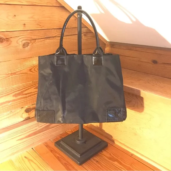 Tory Burch Ella Black Leather Nylon Tote Bag, EUC, 16.5”
